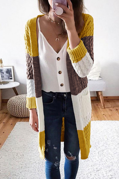 Color Lump Pocket Contrast V Neck Tops Cardigans(3 Colors)