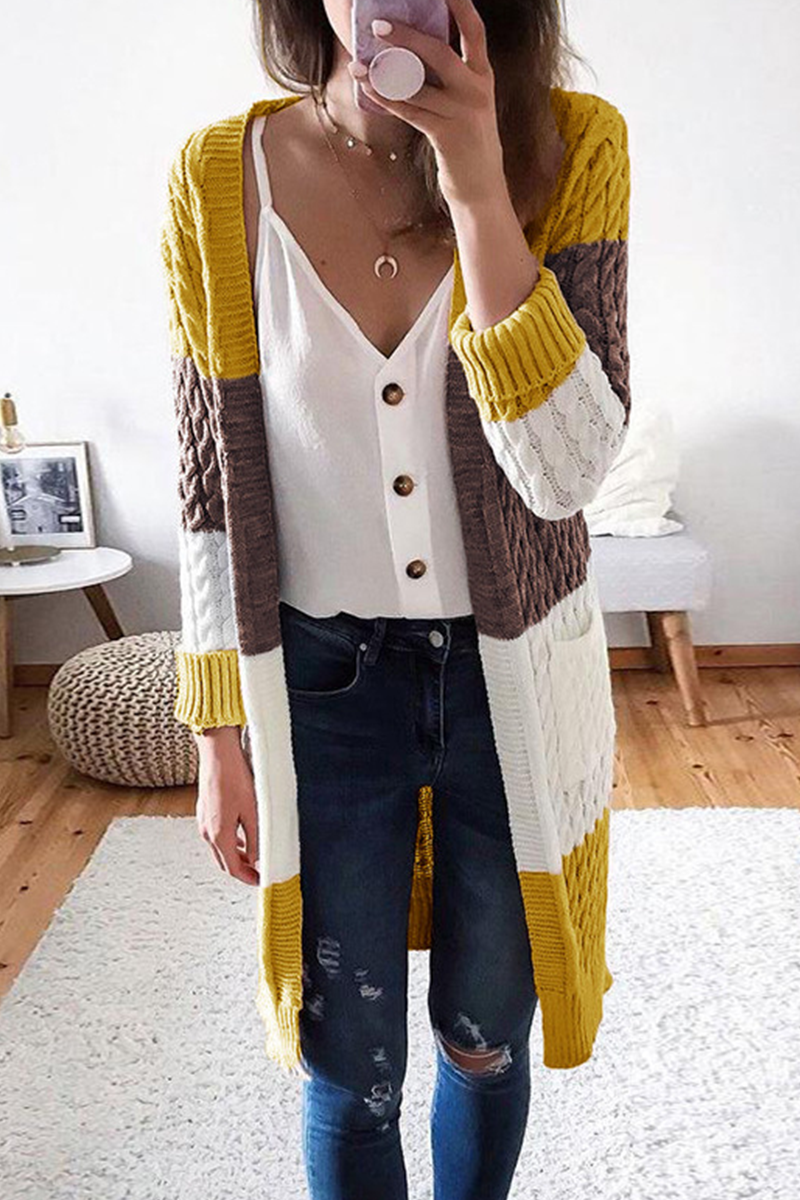 Color Lump Pocket Contrast V Neck Tops Cardigans(3 Colors)