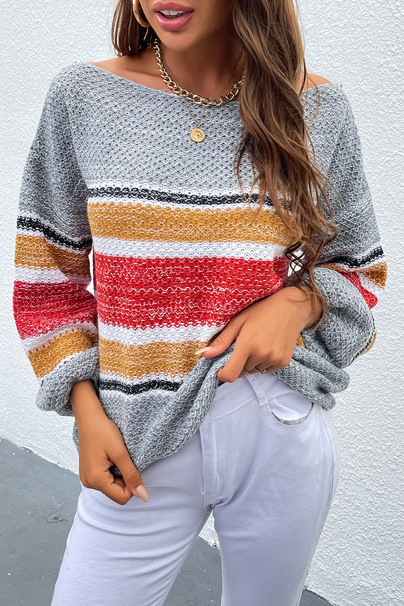 Striped Patchwork Off the Shoulder Tops Sweater