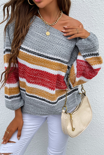 Striped Patchwork Off the Shoulder Tops Sweater