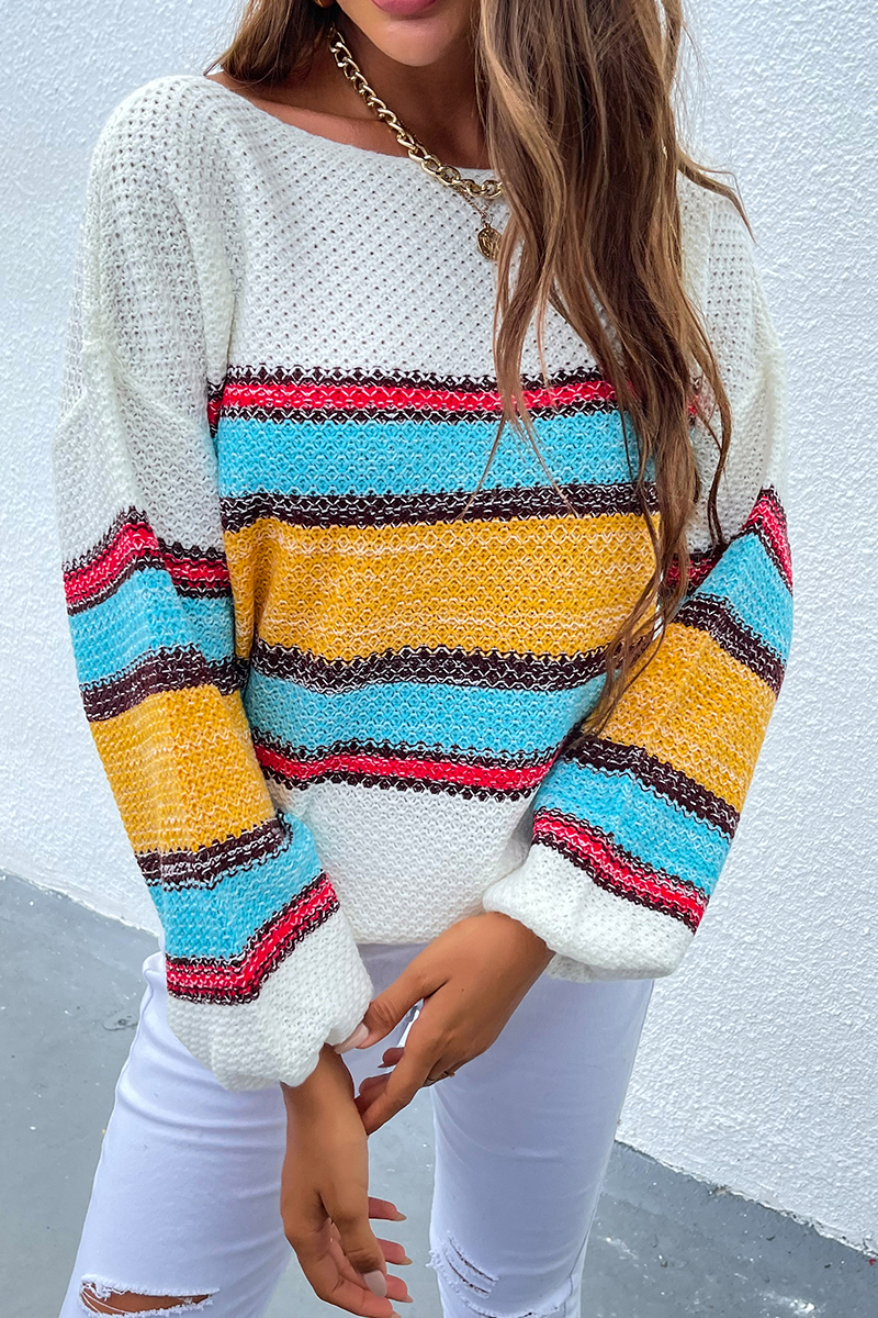 Striped Patchwork Off the Shoulder Tops Sweater