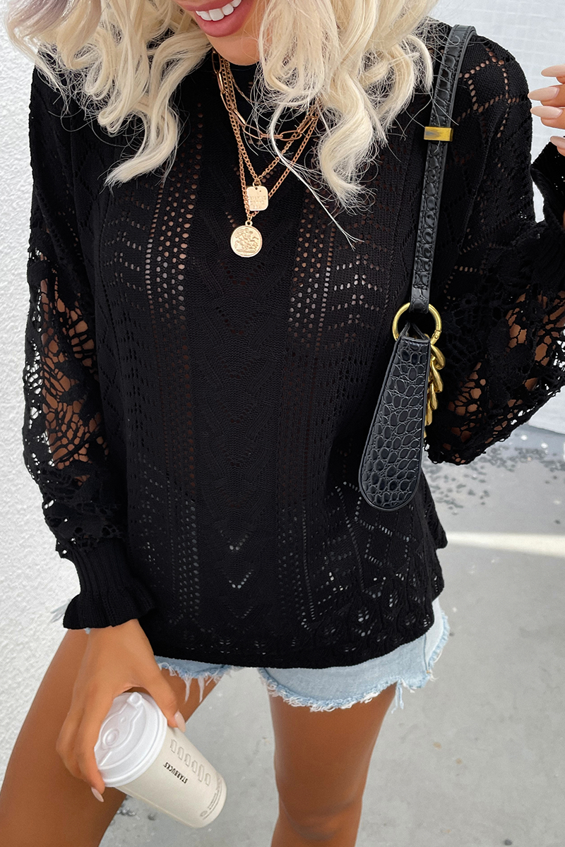 Lace Hollowed Out O Neck Tops Sweater(4 Colors)