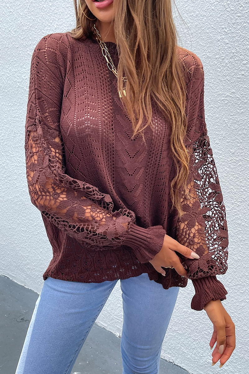 Lace Hollowed Out O Neck Tops Sweater(4 Colors)