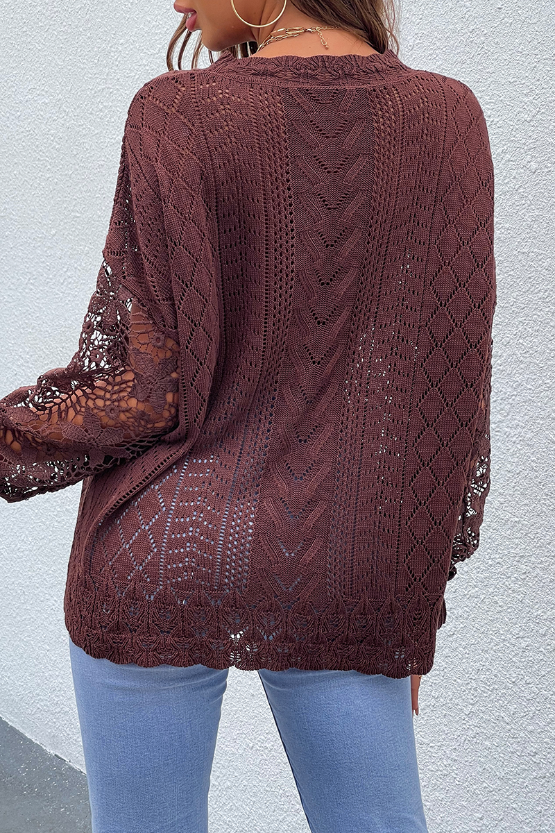 Lace Hollowed Out O Neck Tops Sweater(4 Colors)