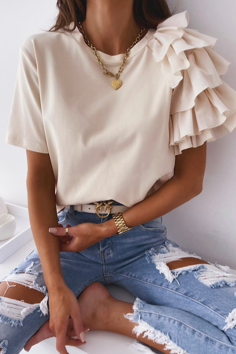 Patchwork Flounce O Neck T-shirts(4 Colors)