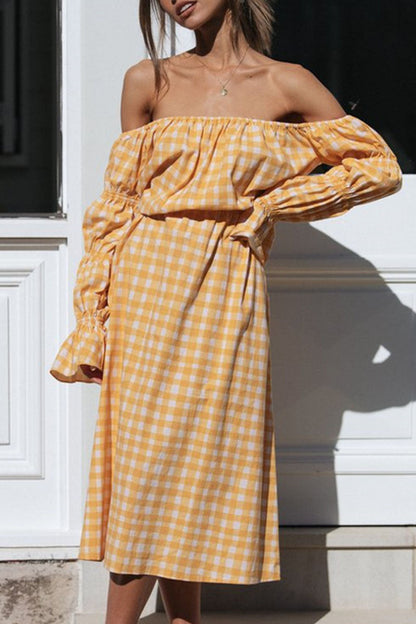 Street Plaid Patchwork Off the Shoulder Waist Skirt Dresses