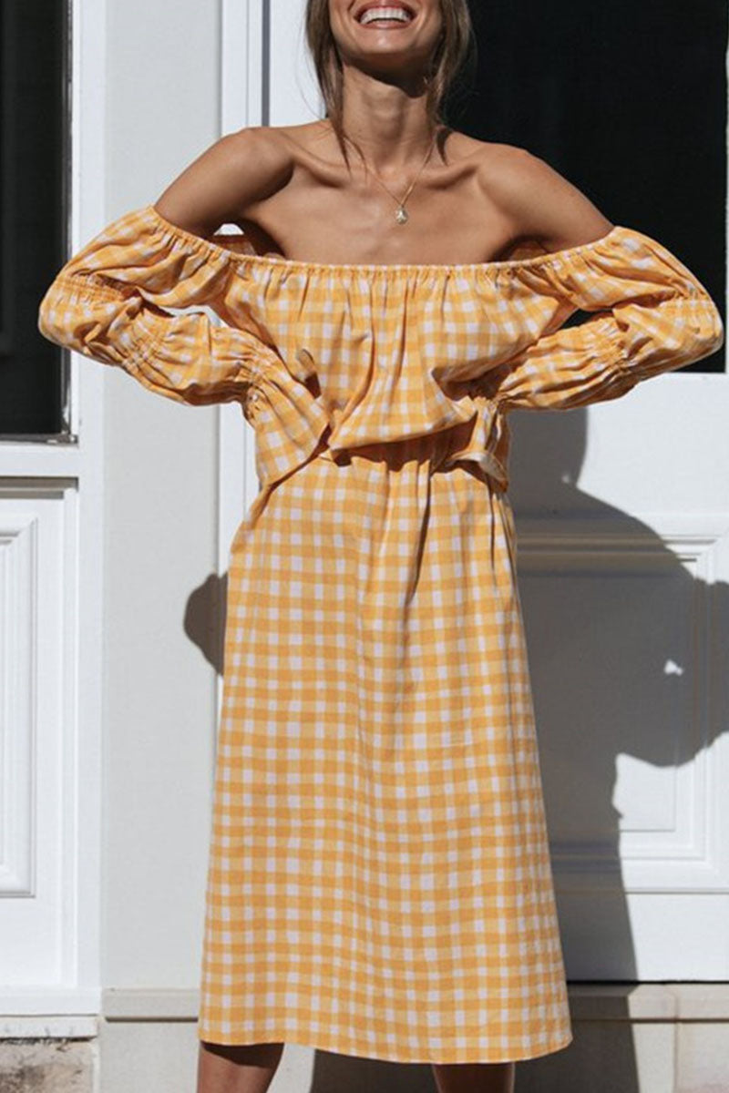 Street Plaid Patchwork Off the Shoulder Waist Skirt Dresses