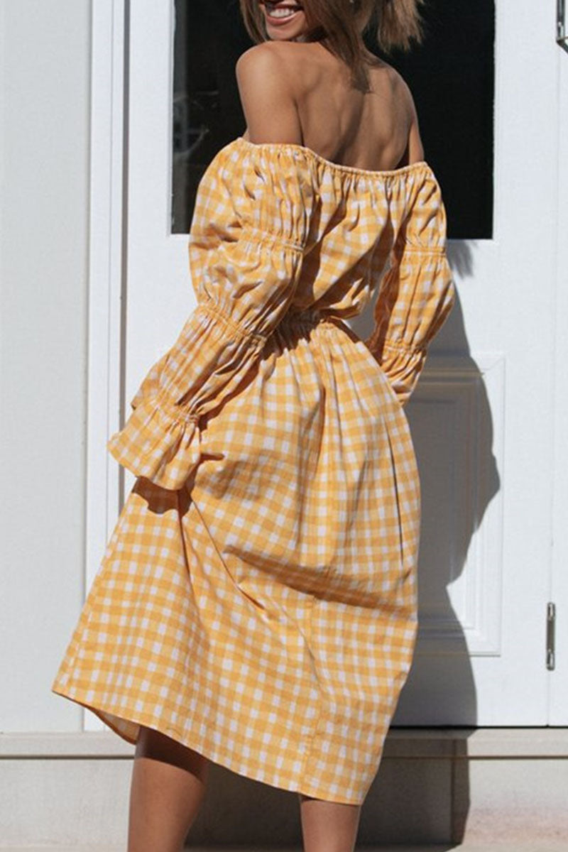 Street Plaid Patchwork Off the Shoulder Waist Skirt Dresses
