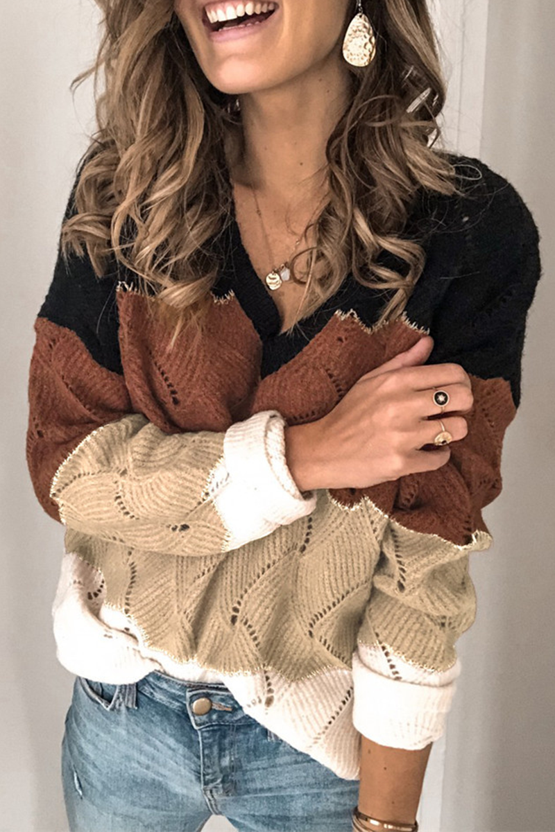 Patchwork Contrast V Neck Tops Sweater
