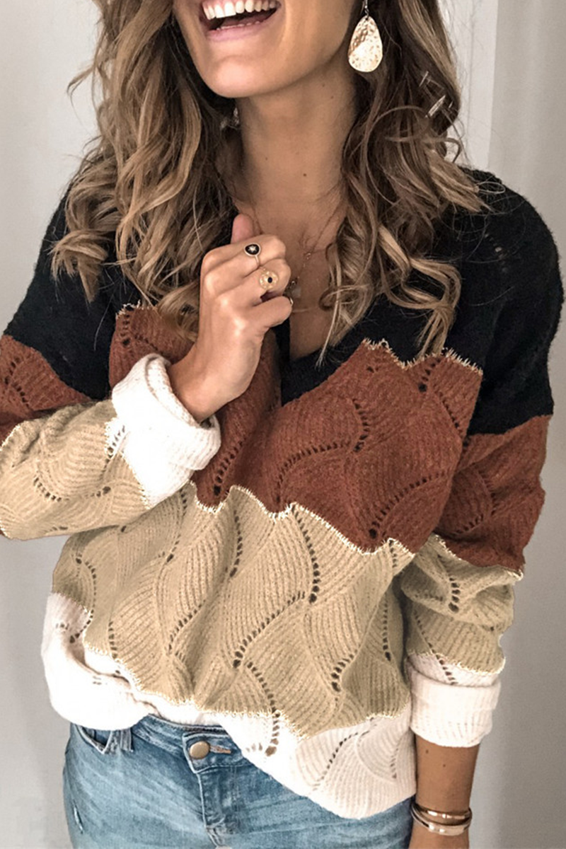 Patchwork Contrast V Neck Tops Sweater