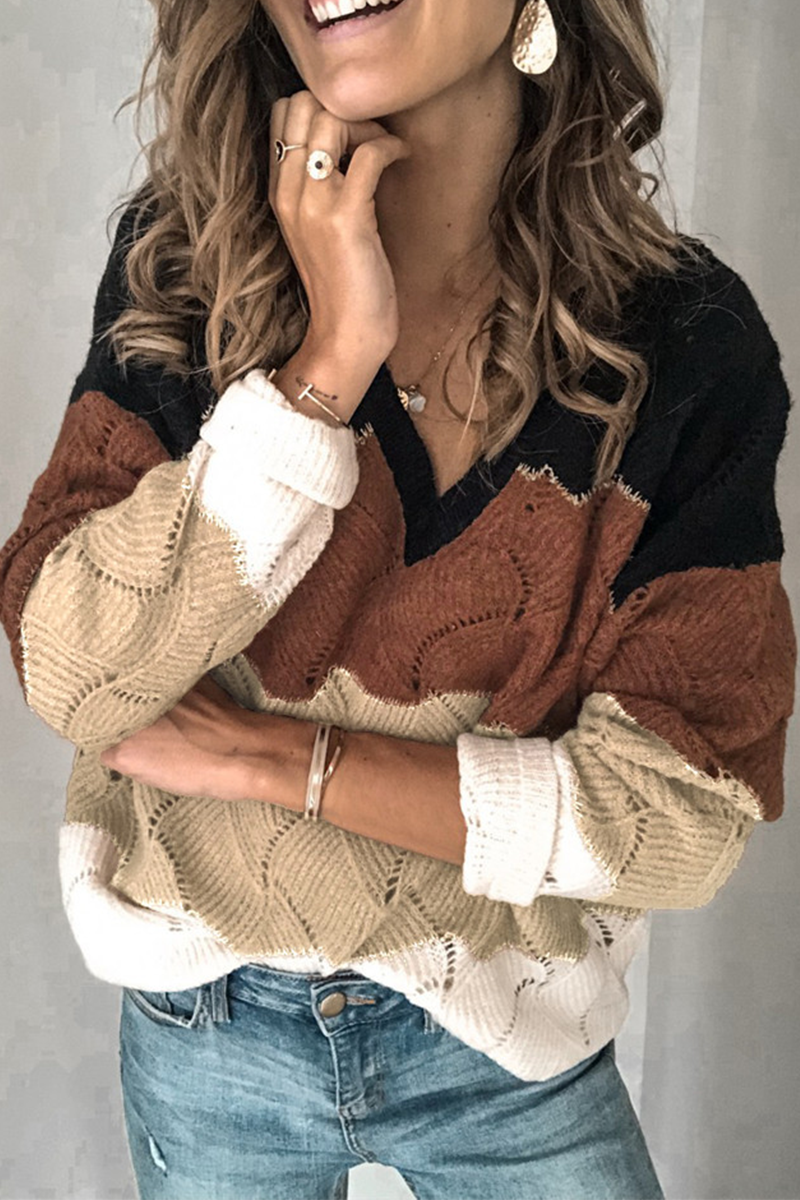 Patchwork Contrast V Neck Tops Sweater