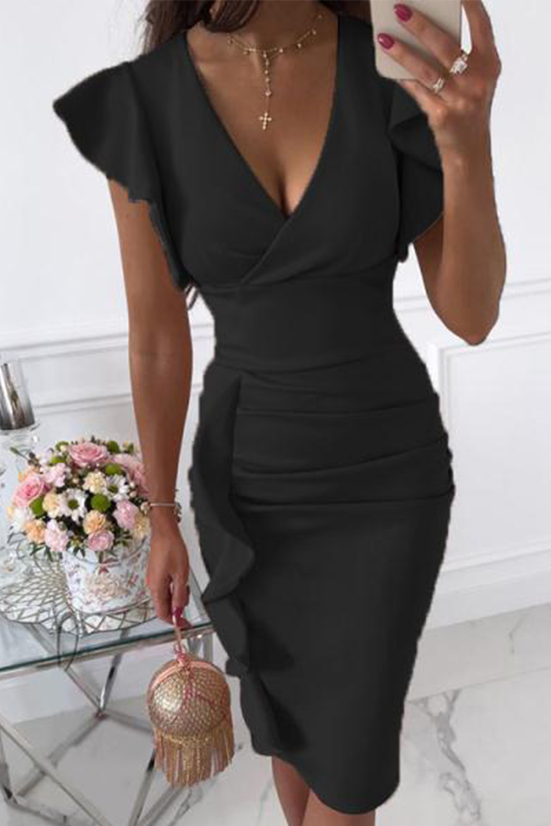 Flounce Fold V Neck Wrapped Skirt Dresses(10 Colors)