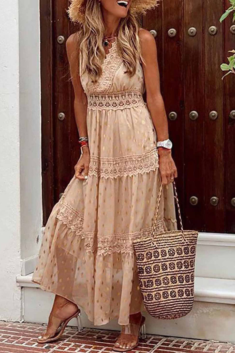 Patchwork V Neck Cake Skirt Dresses(5 Colors)