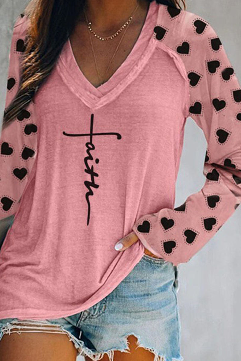 Print Patchwork V Neck T-shirts(4 Colors)