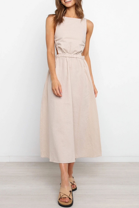 Backless O Neck Waist Skirt Dresses(4 Colors)