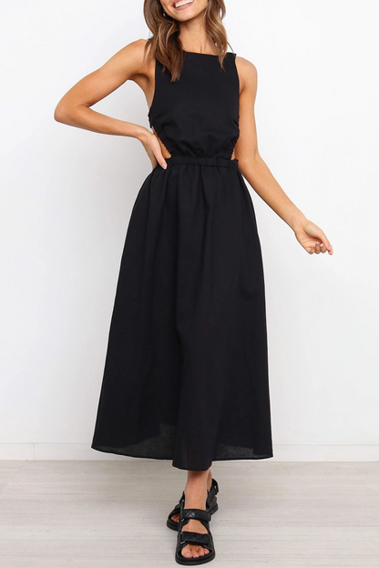 Backless O Neck Waist Skirt Dresses(4 Colors)