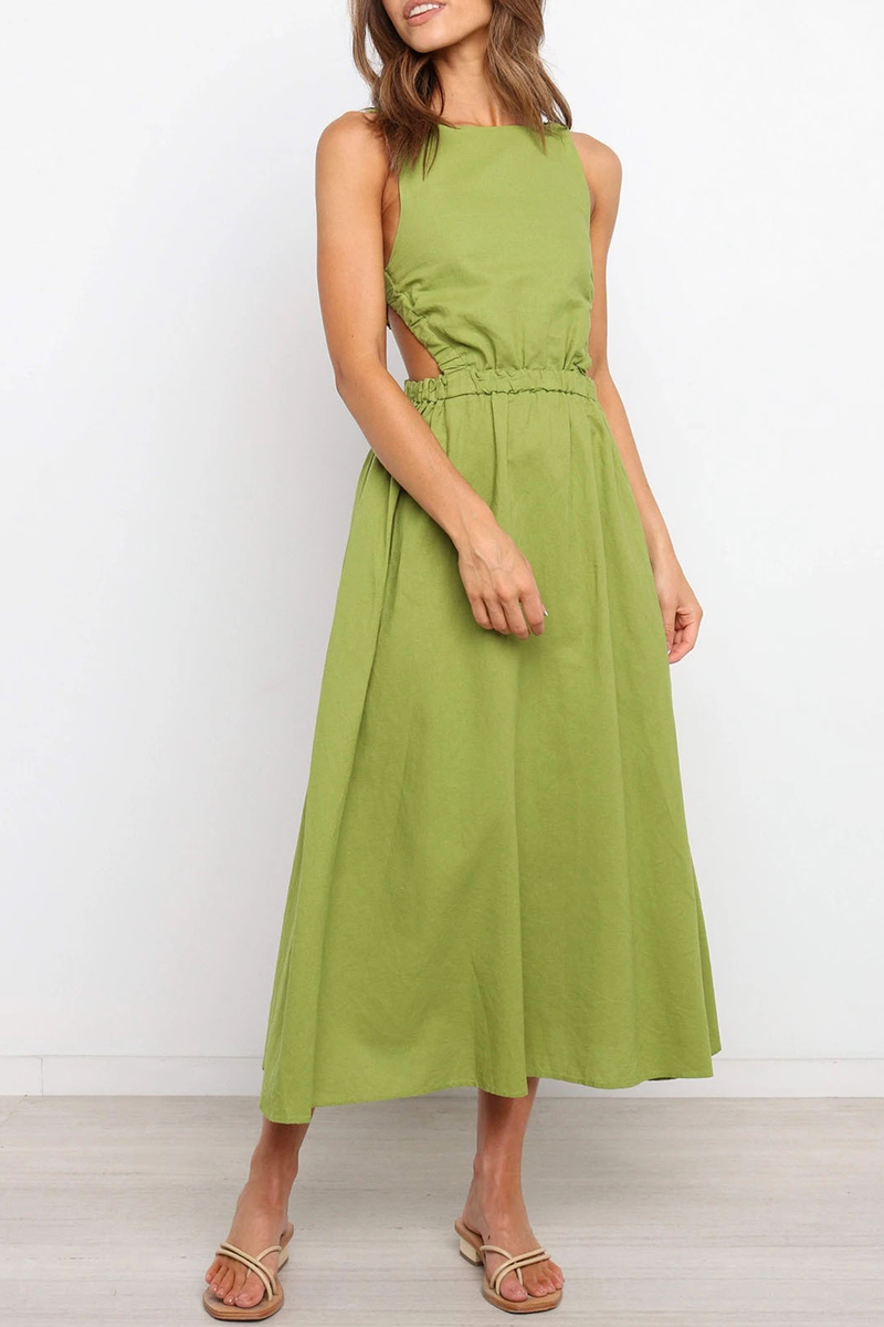 Backless O Neck Waist Skirt Dresses(4 Colors)