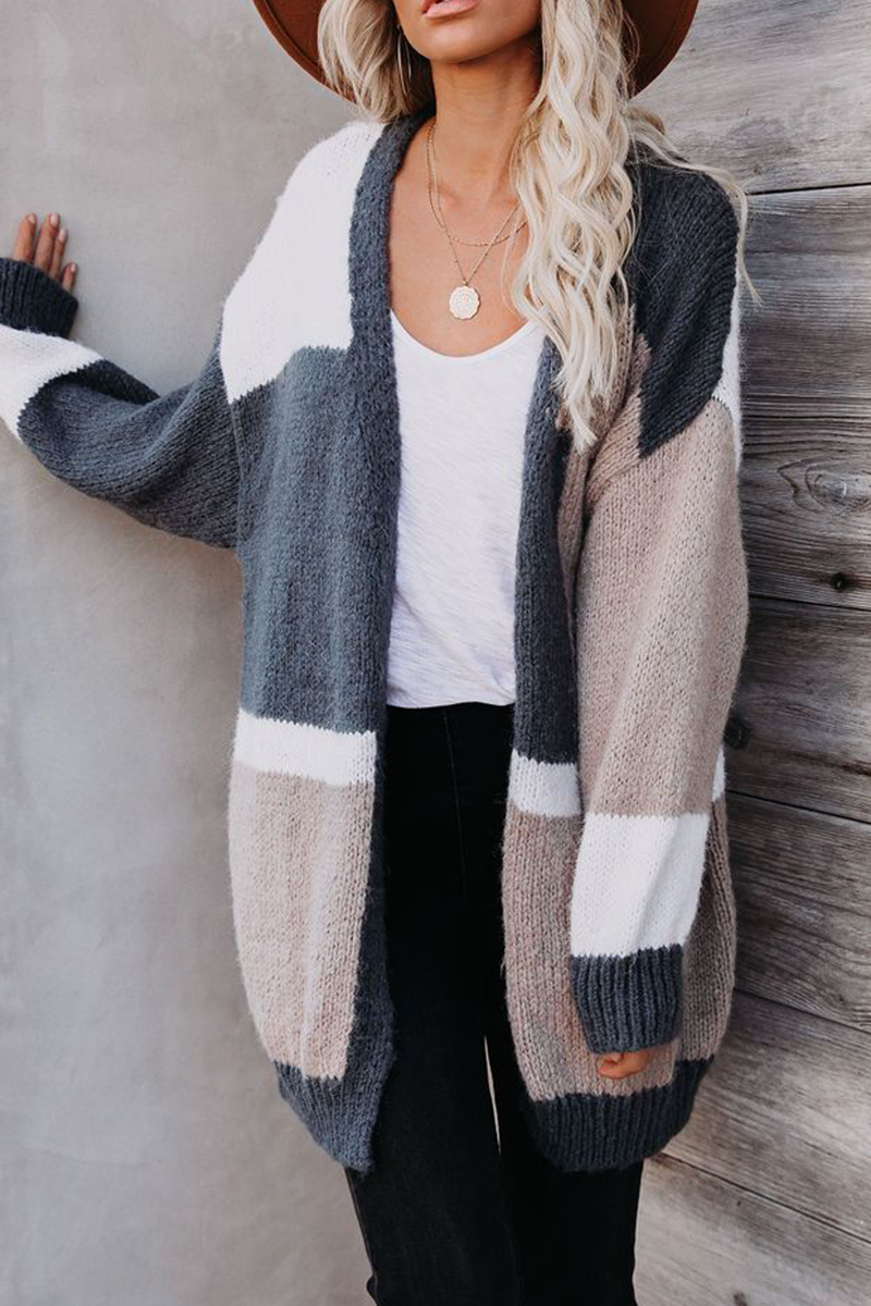 Color Lump Patchwork V Neck Cardigans