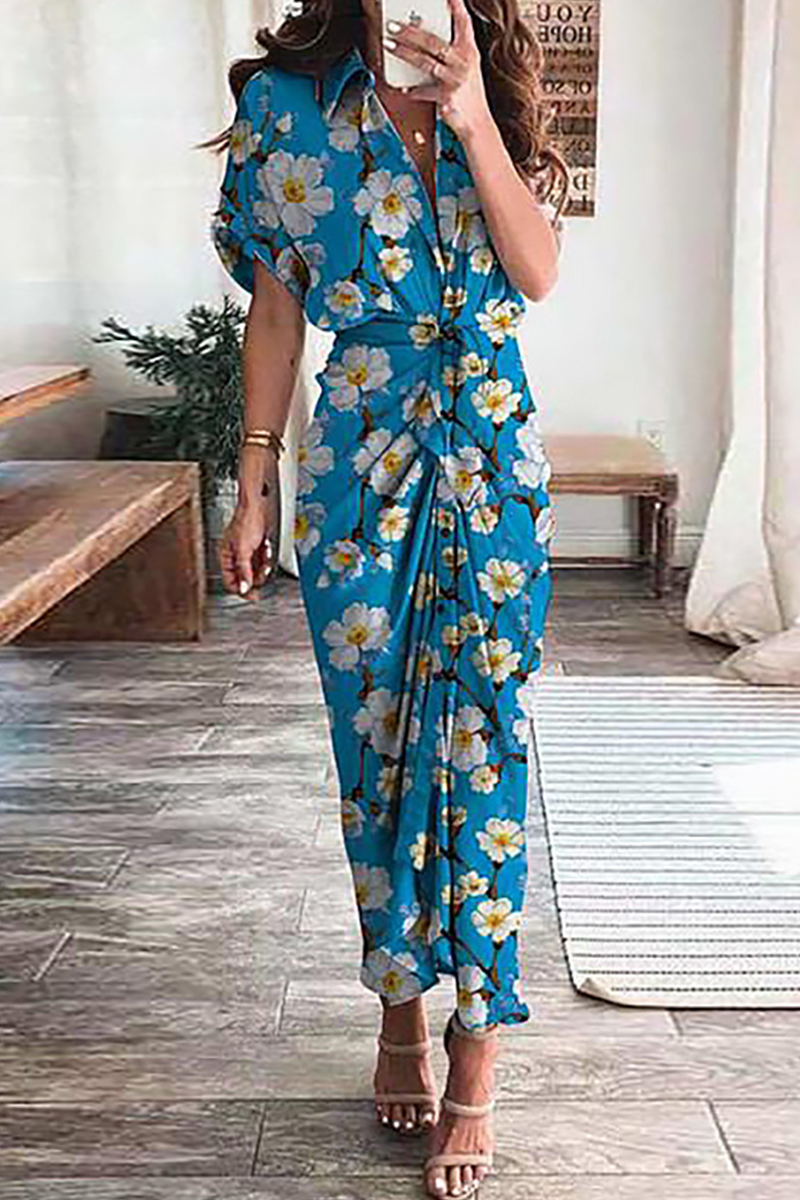 Print Frenulum Buckle Turndown Collar Pencil Skirt Dresses(7 Colors)