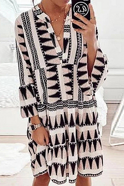 Print Patchwork Flounce V Neck Cake Skirt Dresses