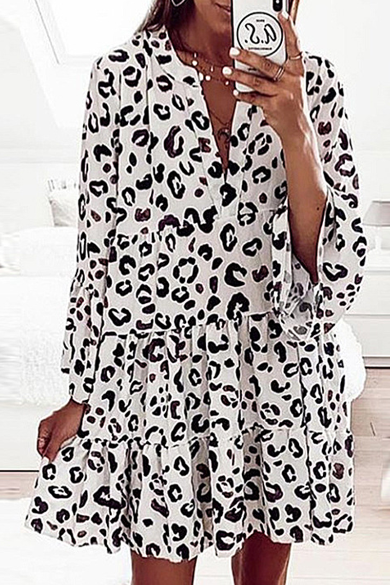 Print Patchwork Flounce V Neck Cake Skirt Dresses