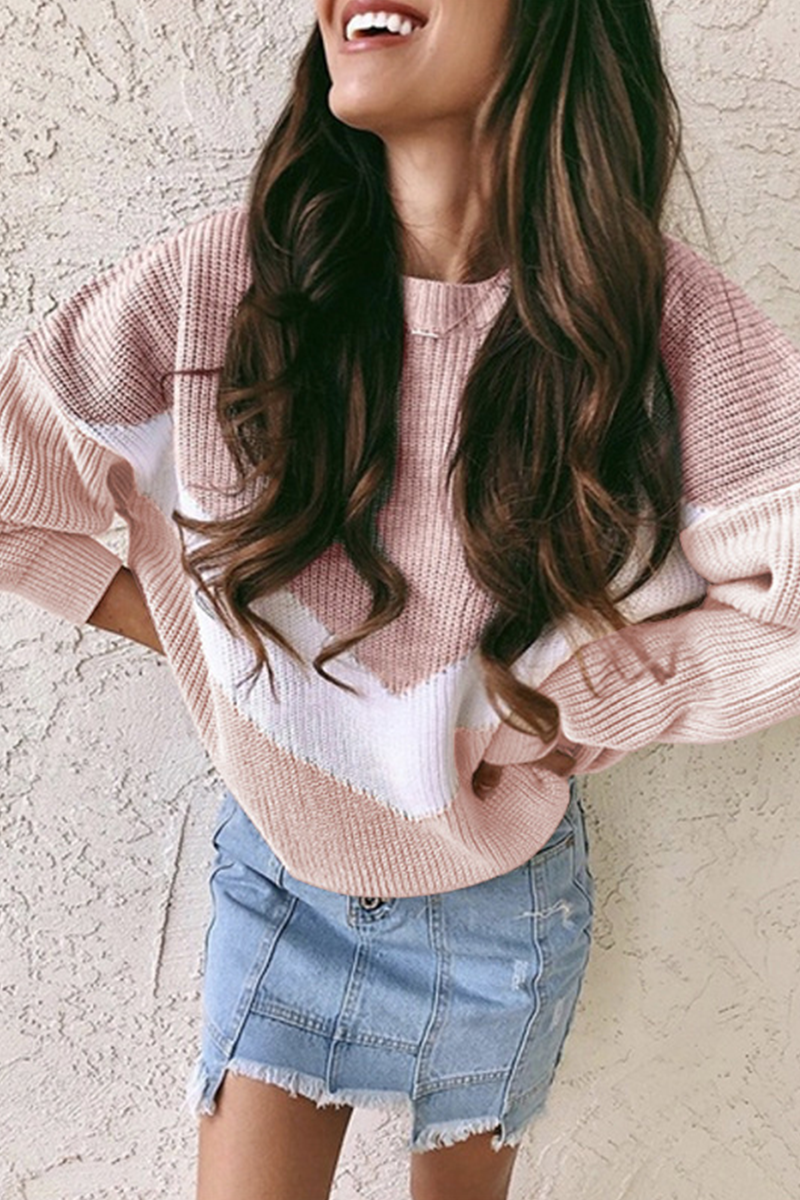Color Lump Patchwork Contrast O Neck Sweaters(4 Colors)