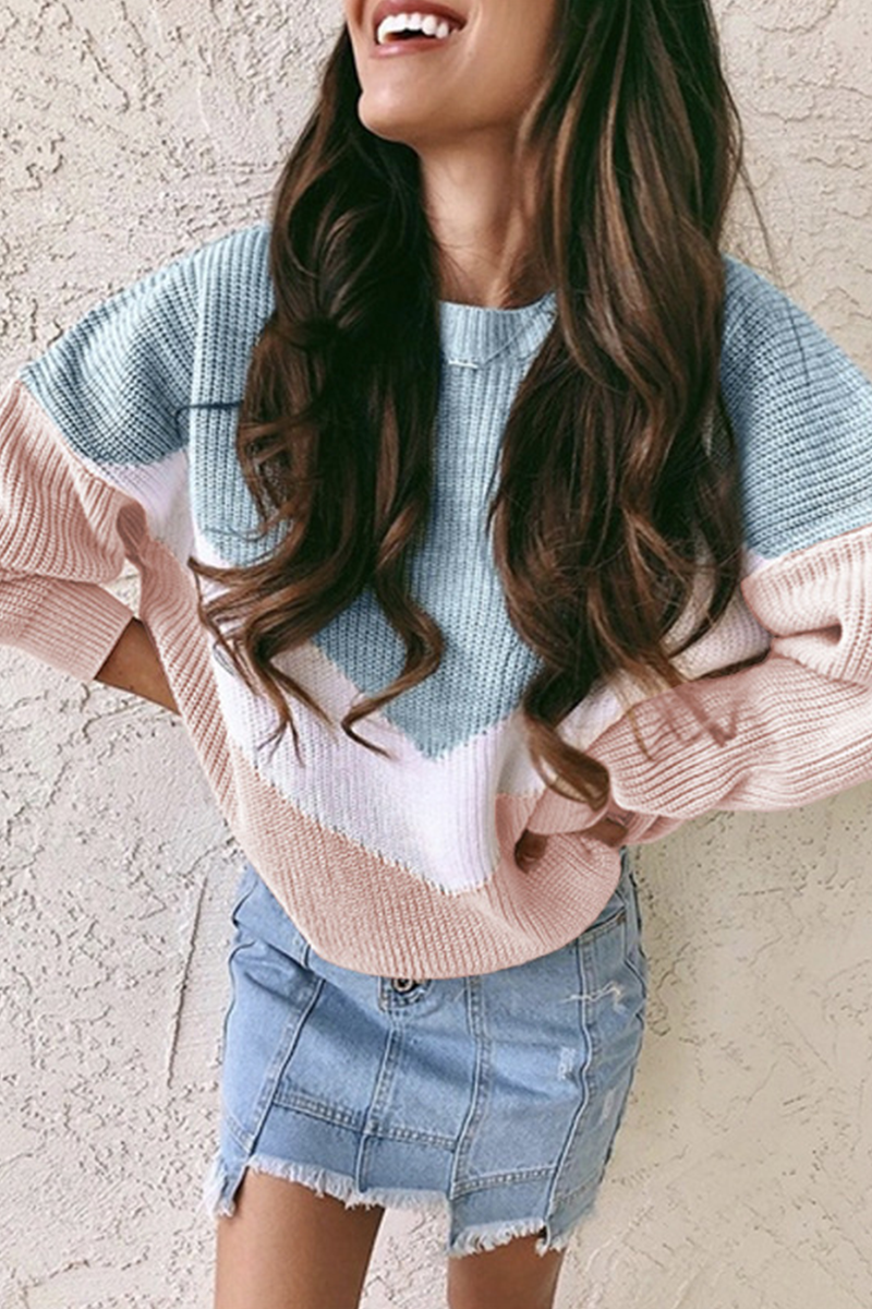 Color Lump Patchwork Contrast O Neck Sweaters(4 Colors)