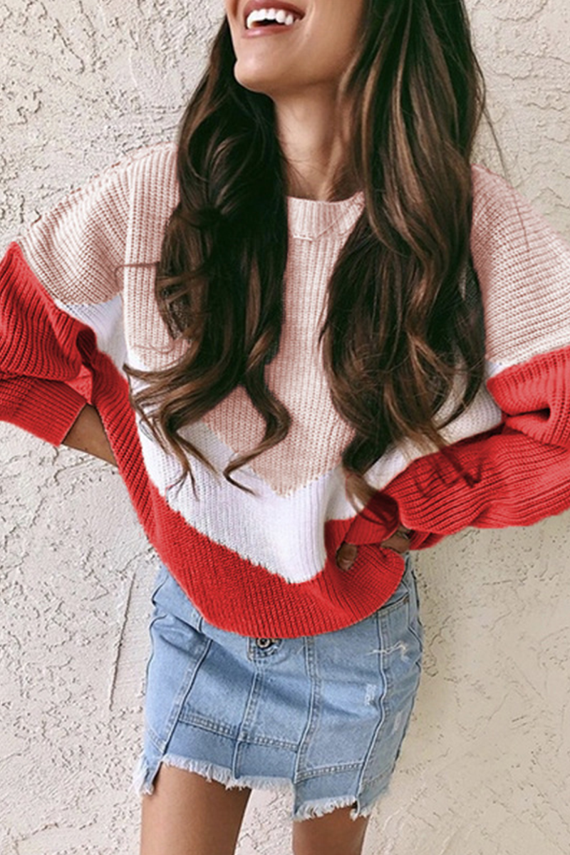 Color Lump Patchwork Contrast O Neck Sweaters(4 Colors)