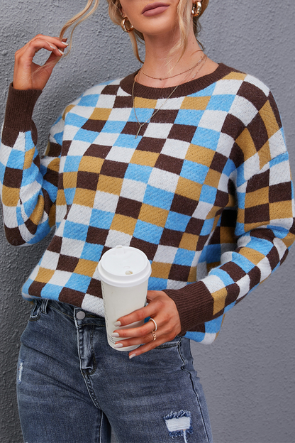 Plaid Patchwork O Neck Sweaters