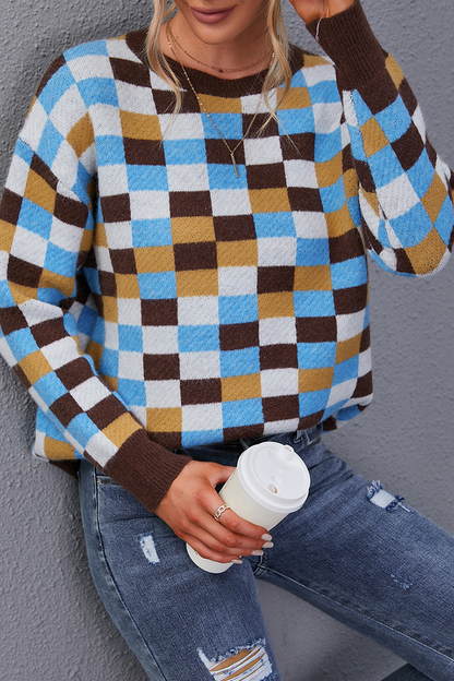 Plaid Patchwork O Neck Sweaters