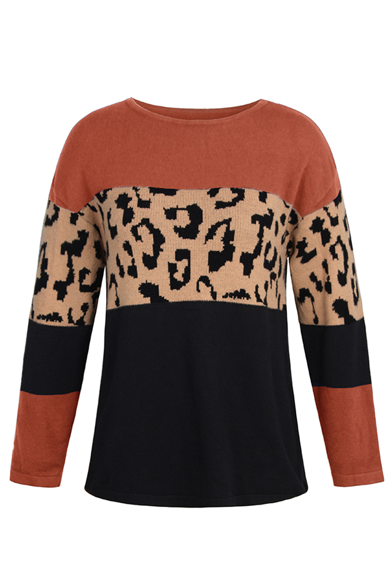Leopard Patchwork Contrast O Neck Sweaters(4 Colors)