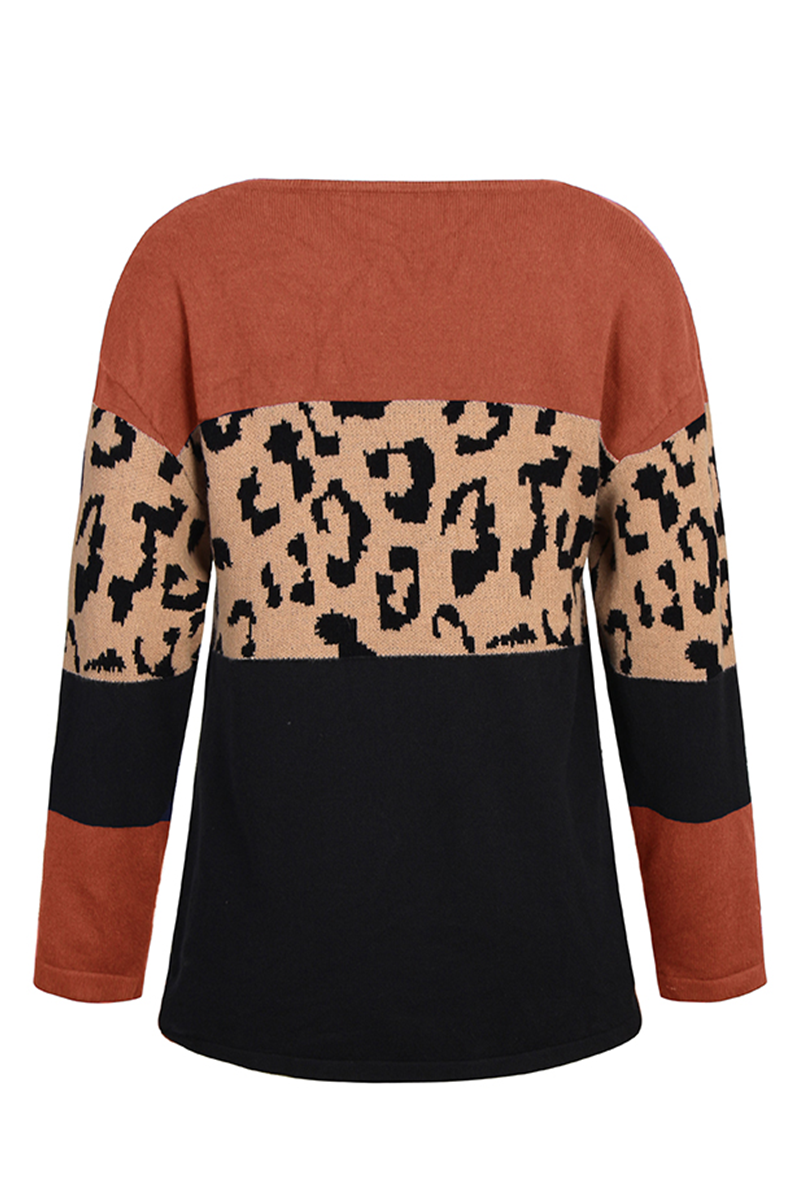 Leopard Patchwork Contrast O Neck Sweaters(4 Colors)