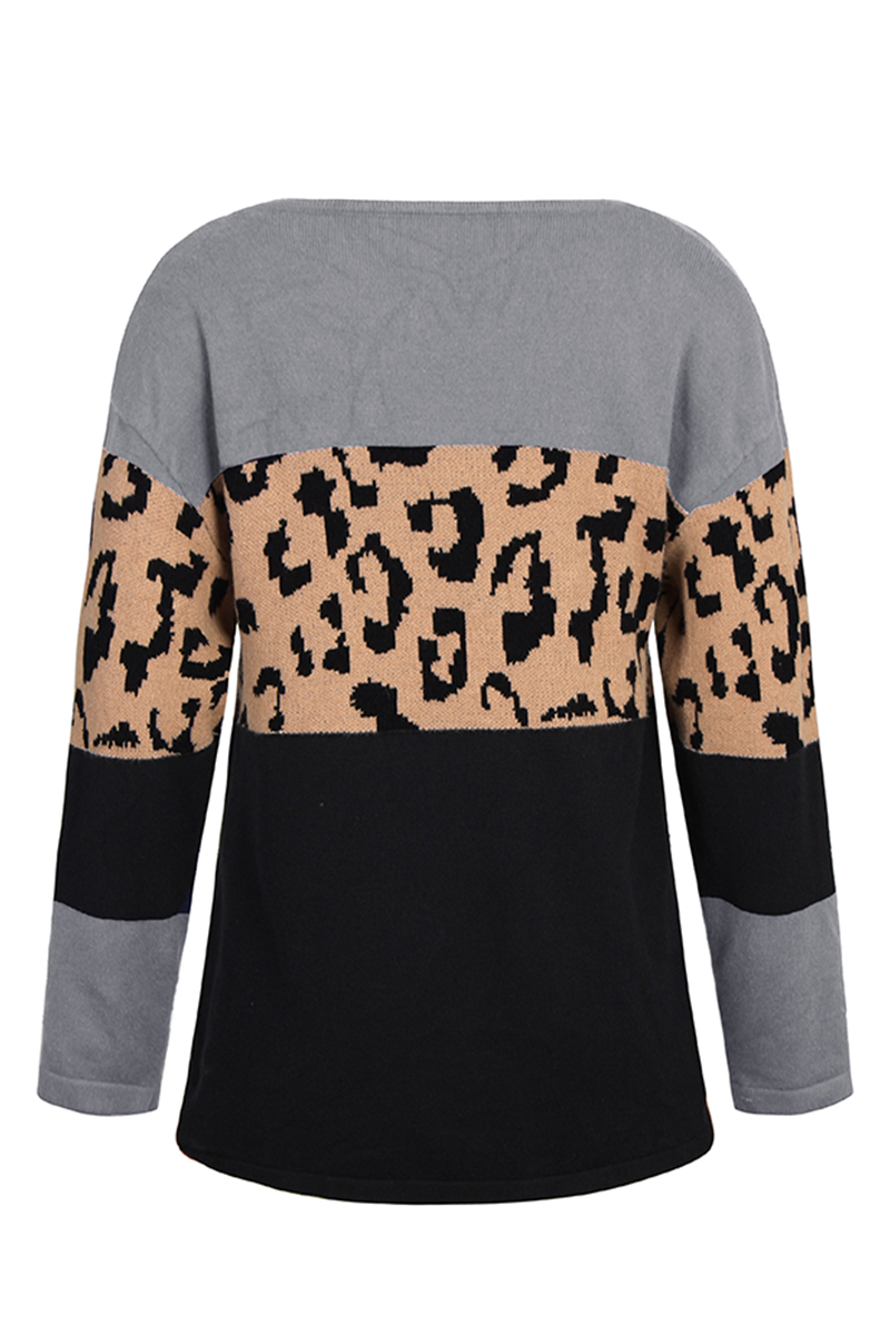 Leopard Patchwork Contrast O Neck Sweaters(4 Colors)