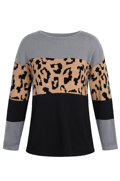 Leopard Patchwork Contrast O Neck Sweaters(4 Colors)