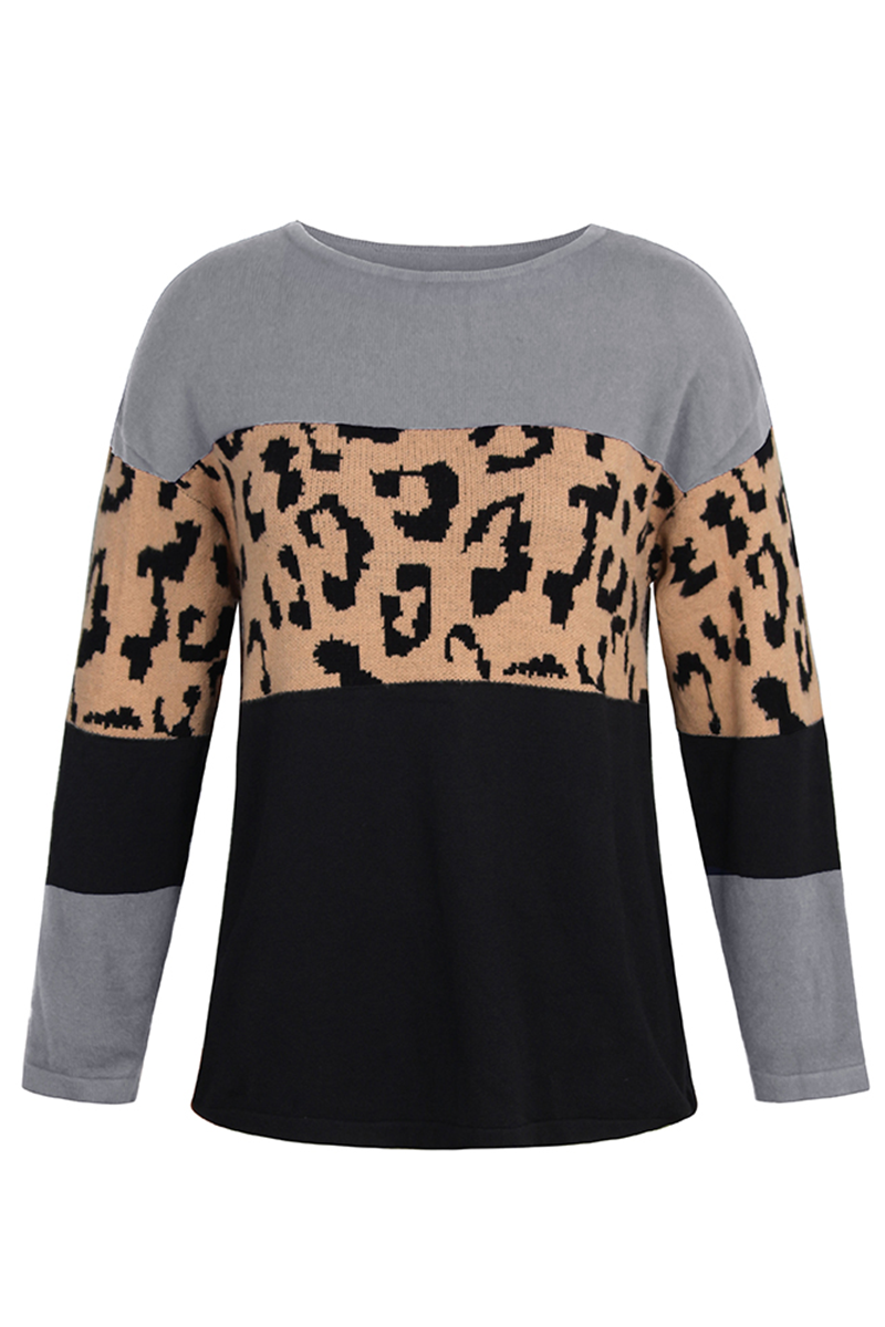 Leopard Patchwork Contrast O Neck Sweaters(4 Colors)