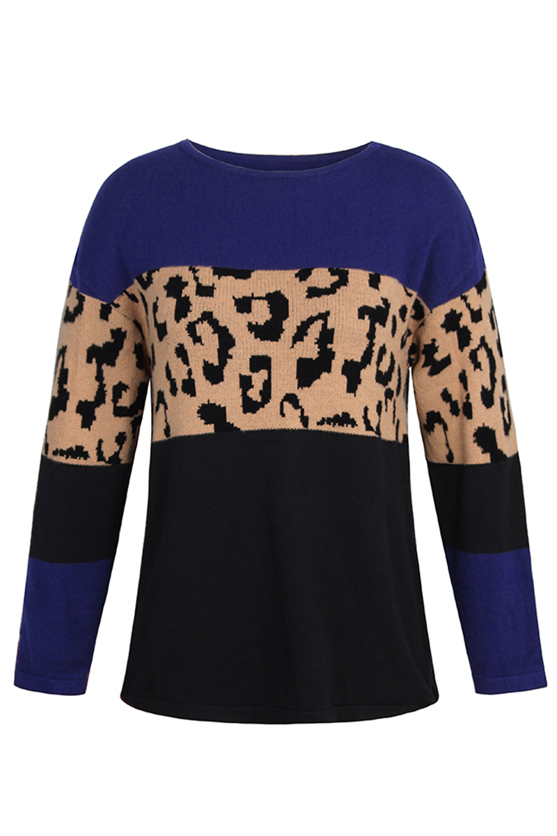 Leopard Patchwork Contrast O Neck Sweaters(4 Colors)