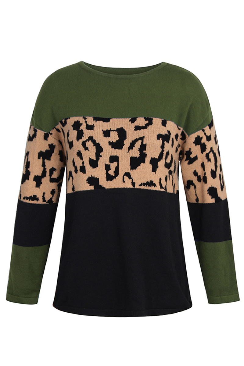 Leopard Patchwork Contrast O Neck Sweaters(4 Colors)