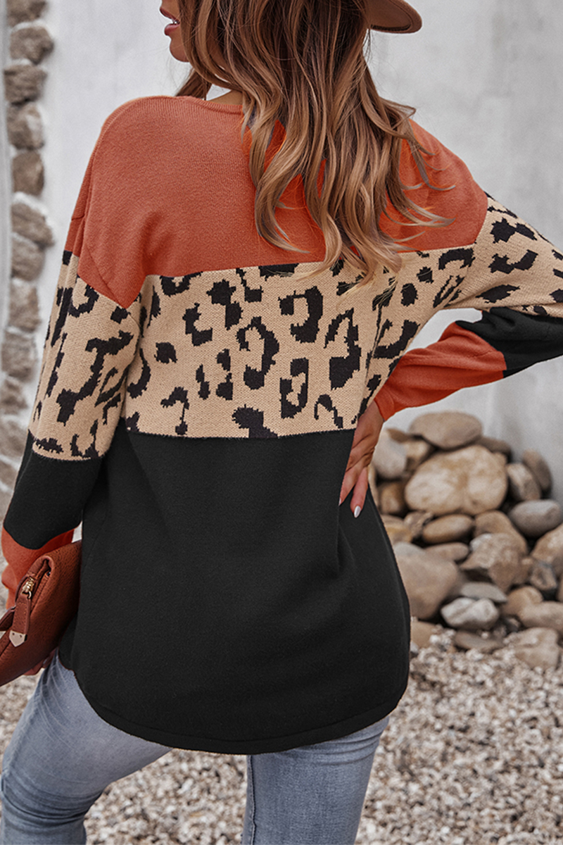 Leopard Patchwork Contrast O Neck Sweaters(4 Colors)