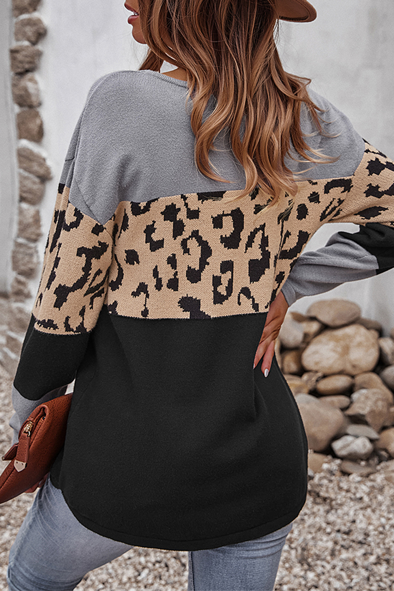 Leopard Patchwork Contrast O Neck Sweaters(4 Colors)