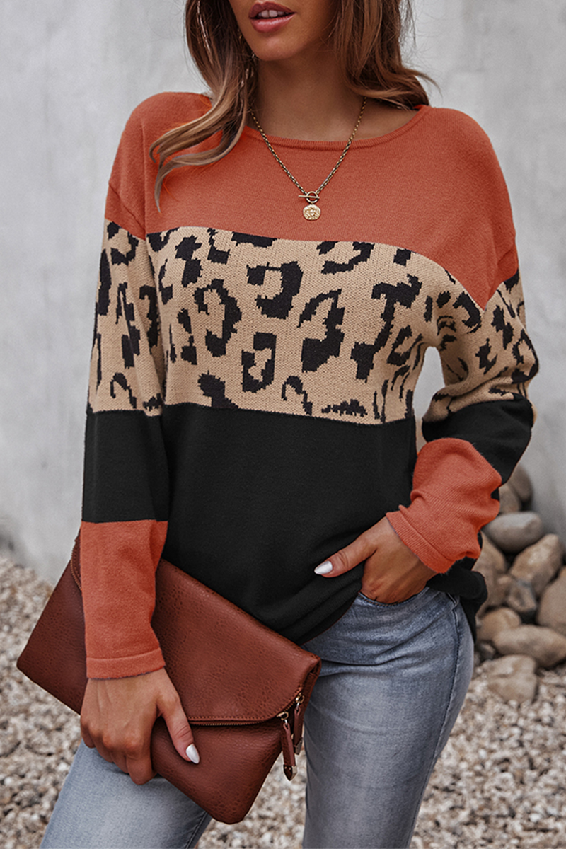 Leopard Patchwork Contrast O Neck Sweaters(4 Colors)