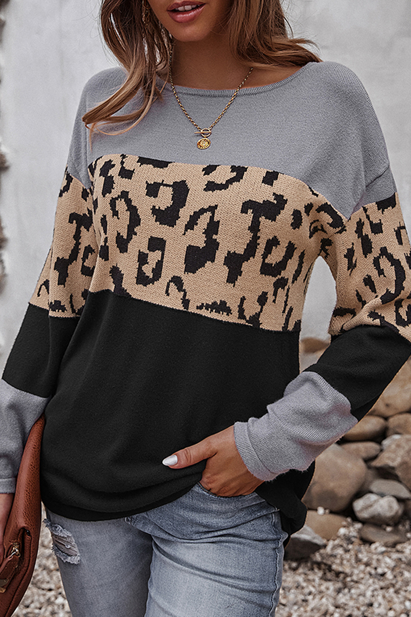 Leopard Patchwork Contrast O Neck Sweaters(4 Colors)