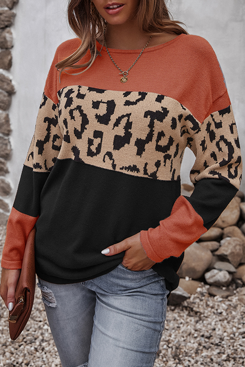Leopard Patchwork Contrast O Neck Sweaters(4 Colors)