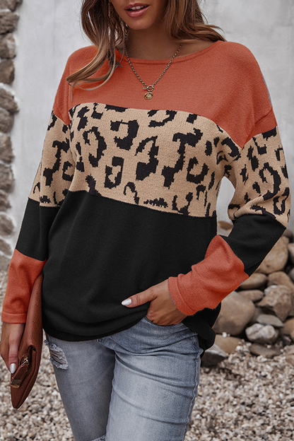 Leopard Patchwork Contrast O Neck Sweaters(4 Colors)