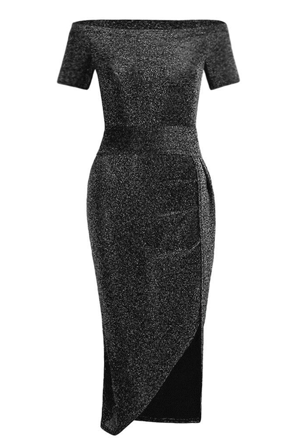 Slit Sequined Off the Shoulder Wrapped Skirt Dresses(3 Colors）