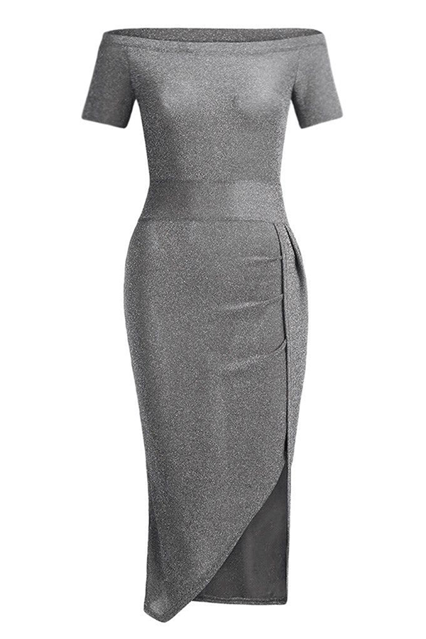 Slit Sequined Off the Shoulder Wrapped Skirt Dresses(3 Colors）