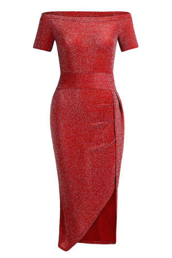 Slit Sequined Off the Shoulder Wrapped Skirt Dresses(3 Colors）
