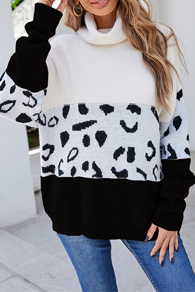 Leopard Patchwork Contrast Turtleneck Sweaters(3 Colors)