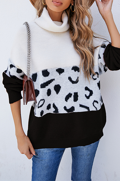 Leopard Patchwork Contrast Turtleneck Sweaters(3 Colors)