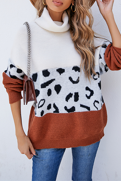 Leopard Patchwork Contrast Turtleneck Sweaters(3 Colors)