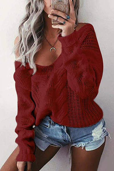 Hollowed Out Patchwork V Neck Sweaters(6 Colors)